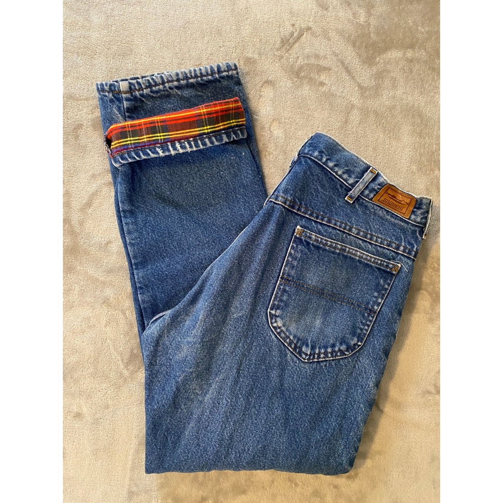 LL Bean Flannel Lined Denim Jeans 36x30 Blue Red Plaid USA Union Made Workwear